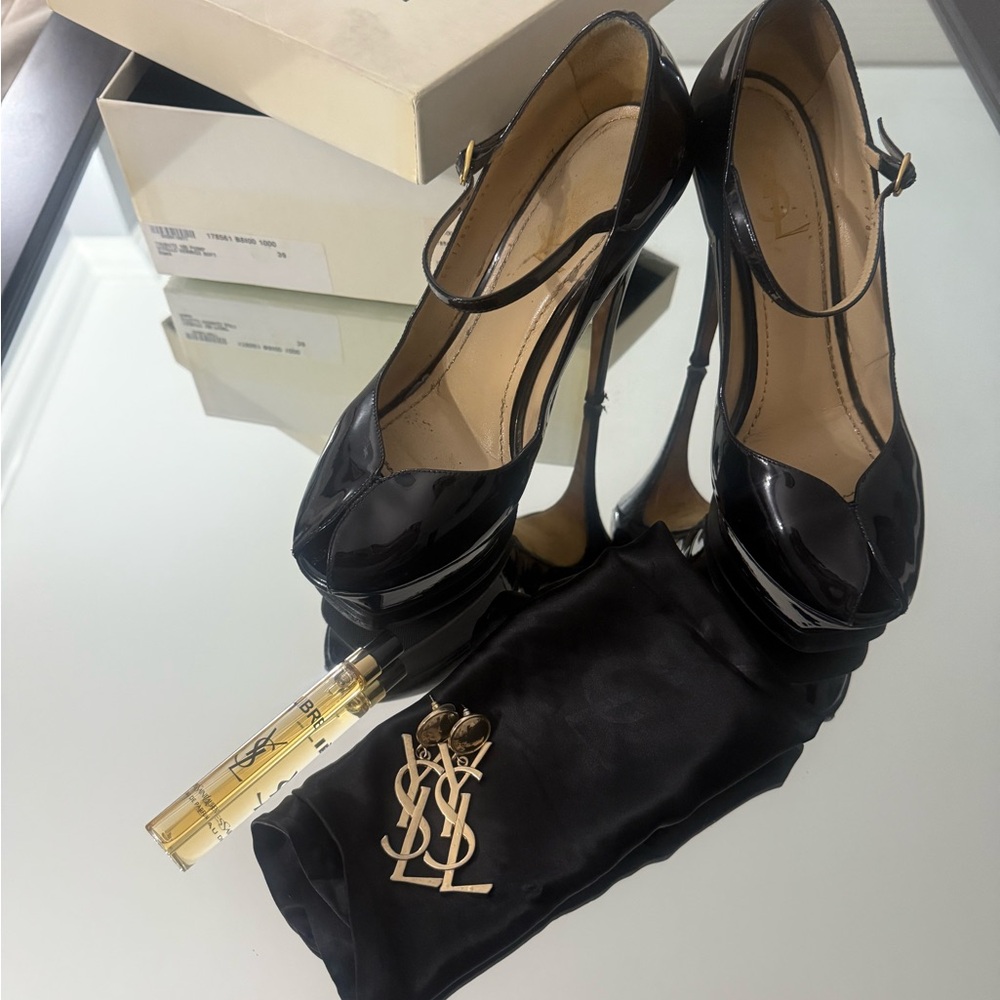 Yves Saint Laurent Patent Tribute 105 Pumps Black Heels Mary Jane Peep Toe YSL